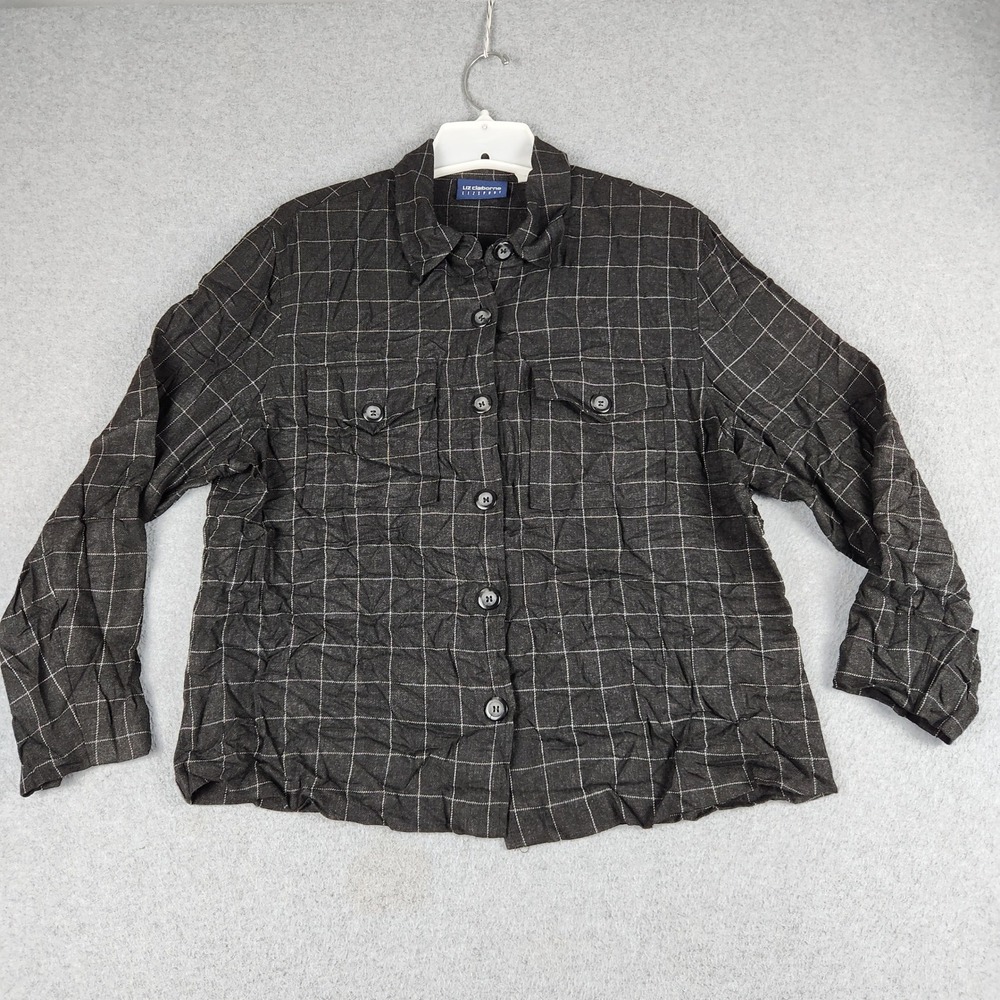 Liz Claiborne Shirt Women Medium Gray Grid Plaid Rayon Collared Button Up Casual